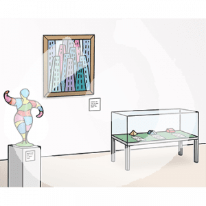 Ein Raum mit einer Figur auf einem Sockel, einem Bild an der Wand und Gegenständen in einer Vitrine.