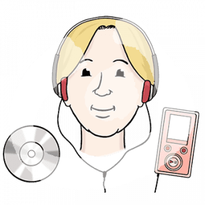 Portraitansicht einer Person mit Kopfhörern. Daneben eine CD und ein MP3-Player.