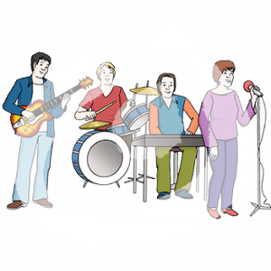 Eine Person mit E-Gitarre, eine am Schlagzeug, eine am Keyboard und eine am Mikrofon stehen zusammen.