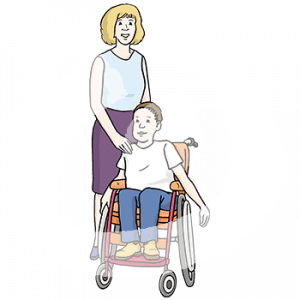 Eine Frau steht neben einem Kind im Rollstuhl. Sie legt ihm eine Hand auf die Schulter.