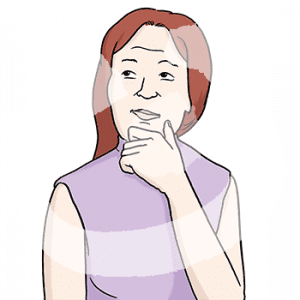 Portraitansicht einer nachdenklichen Frau die sich die Hand ans Kinn hält.