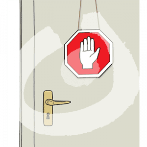 Eine Tür mit einem roten Schild. Darauf ist eine Hand.