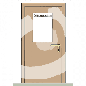 Eine Tür mit der Aufschrift: Öffnungszeiten.