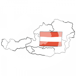 Umriss von Österreich. In der Mitte ist die österreichische Flagge.