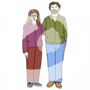 Ein Mann und eine Frau stehen Arm in Arm nebeneinander.