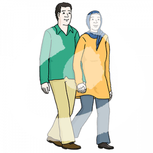 Ein Mann und eine Frau mit Hijab gehen Hand in Hand.