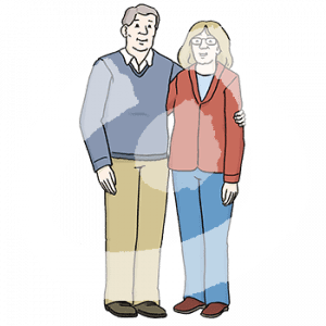 Ein älterer Mann und eine ältere Frau stehen Arm in Arm nebeneinander.