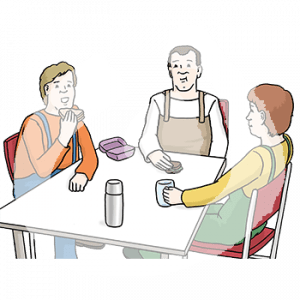 Drei Personen in Latzhosen sitzen an einem Tisch. Sie haben Brote oder einem Becher in der Hand. Auf dem Tisch steht eine Thermoskanne und eine Dose.