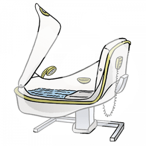 Eine Pflegebadewanne mit aufklappbarer Seite, Sitz und Fernbedienung.