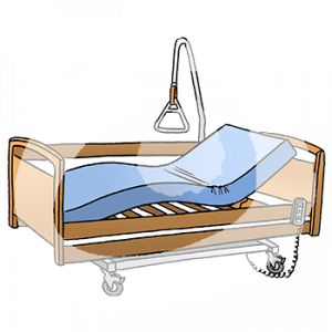 Ein verstellbares Pflegebett mit Bettgalgen.