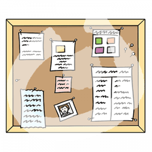 Eine Pinnwand mit angepinnten Zetteln und Bildern.