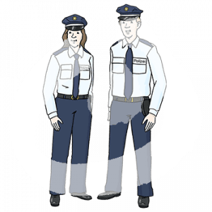 Zwei Personen in Polizeiuniform und Polizeimützen.