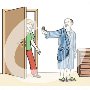 Eine Person kommt durch eine Tür. Dahinter steht ein Mann mit abwehrend erhobener Hand.