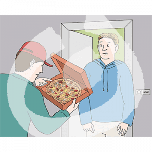 Eine Person guckt in einen offenen Pizzakarton. Davor steht eine andere Person in einer offenen Tür.