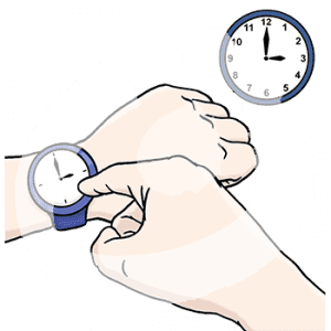 Ein Finger zeigt auf eine Armbanduhr an einem Handgelenk. Dahinter hängt eine Uhr mit der gleichen Uhrzeit.