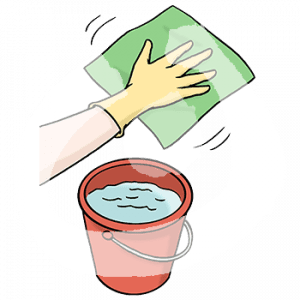 Ein Eimer mit Wasser. Darüber ist eine Hand mit einem Handschuh und einem Lappen.