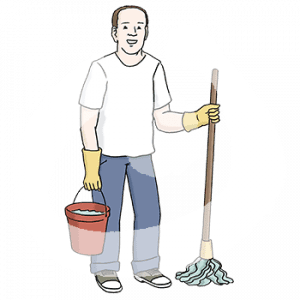 Ein Mann mit Handschuhen, Eimer und Feudel in der Hand.