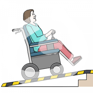 Eine Person im Rollstuhl fährt über eine Rampe eine Treppe hoch.