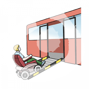 Eine Person fährt über eine Rampe in ein Gebäude oder ein Fahrzeug.