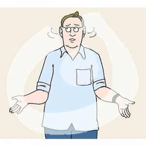 Eine ratlose Person hat die Hände halb gehoben und schüttelt den Kopf.