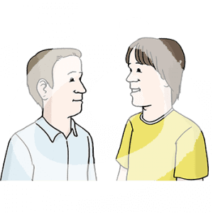 Portraitansicht von zwei Personen die sich angucken.