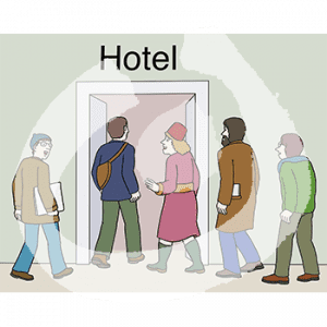 Fünf Personen gehen durch eine Tür. Darüber steht: Hotel.