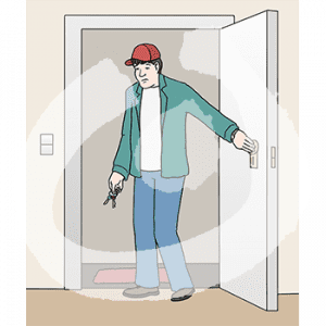 Eine traurige Person geht durch eine Tür rein.