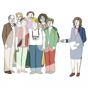 Sechs Personen mit Taschen und einer Kamera um den Hals stehen zusammen. Daneben steht eine Person mit einem Zettel.