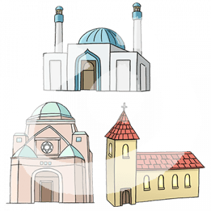 Eine Synagoge, eine Moschee und eine Kirche.