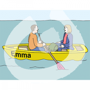 Ein rudernder Mann sitzt einer Frau in einem Boot auf dem Wasser gegenüber. Das Boot hat die Aufschrift: Emma.