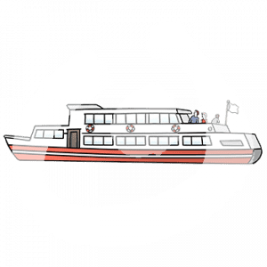 Außenansicht eines Passagierschiffes. Drei Personen stehen an Deck.