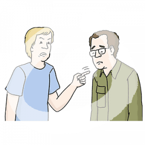 Portraitansicht einer wütenden Person mit erhobenem Zeigefinger. Davor ist eine traurige Person mit gesenktem Kopf.