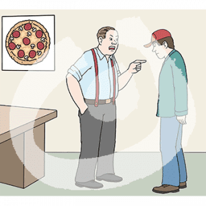 Eine wütende Person steht vor einer traurigen Person. Sie zeigt mit dem Finger auf sie. An der Wand hängt das Bild einer Pizza.