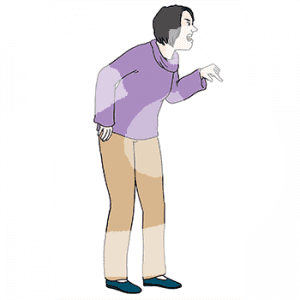 Eine wütende Frau zeigt auf etwas.