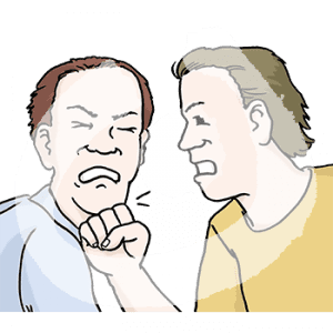 Portraitansicht von zwei Männern. Ein Mann schlägt mit der Faust gegen das Kinn des anderen.