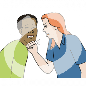 Portraitansicht von einem Mann und einer Frau. Die Frau schlägt mit der Faust gegen das Kinn des Mannes.