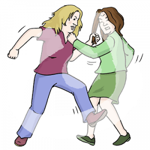 Zwei wütende Frauen treten, boxen und ziehen sich an den Haaren.