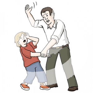 Ein wütender Mann steht vorgebeugt über einem Kind. Der Mann hält das Kind am Arm fest und hebt die Hand. Das Kind guckt ängstlich und hebt abwehrend die Hand.