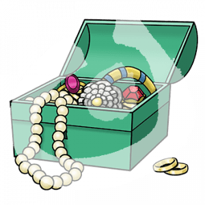 Eine offene Truhe mit Ketten, Ringen und anderem Schmuck.