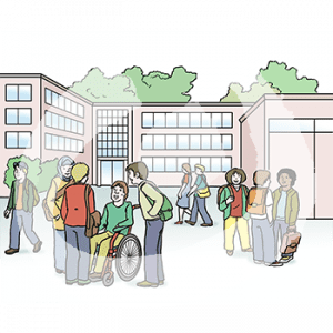 Gruppen von verschiedenen Jugendlichen vor einem großen Gebäudekomplex.