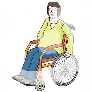 Eine schwangere Frau im Rollstuhl.