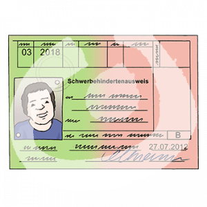 Ein Ausweis mit der Überschrift: Schwerbehindertenausweis, einem Portraitfoto und Schrift.