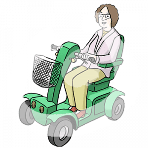 Eine Person auf einem vierrädrigen Sitzscooter.