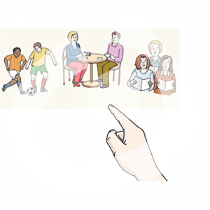 Drei Bilder. Eins von zwei fußballspielenden Personen, eins von zwei Kaffee trinkenden Personen und eins von drei singenden Personen. Ein Finger zeigt auf das mittlere Bild.