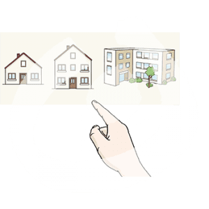 Drei Bilder. Eins von einem Einfamilienhaus, eins von einem Mehrfamilienhaus und eins von einem Wohnblock. Ein Finger zeigt auf das mittlere Bild.