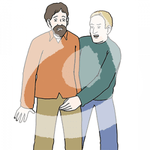 Ein Mann fasst einem anderen ängstlichen Mann von hinten zwischen die Beine.