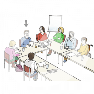 Sieben Personen sitzen um einen Tisch herum. Vor jeder liegt ein Blatt und ein Stift. Eine Person sitzt im Rollstuhl. Auf eine Person am Kopfende zeigt ein Pfeil.