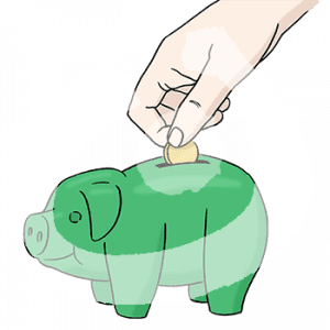 Eine Hand wirft eine Münze in den Schlitz eines Sparschweins.