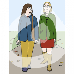 Eine fröhliche und eine traurige Person gehen Hand in Hand auf einem Weg im Grünen.