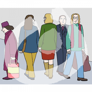 Eine fröhliche und eine traurige Person gehen Hand in Hand an drei Personen vorbei.